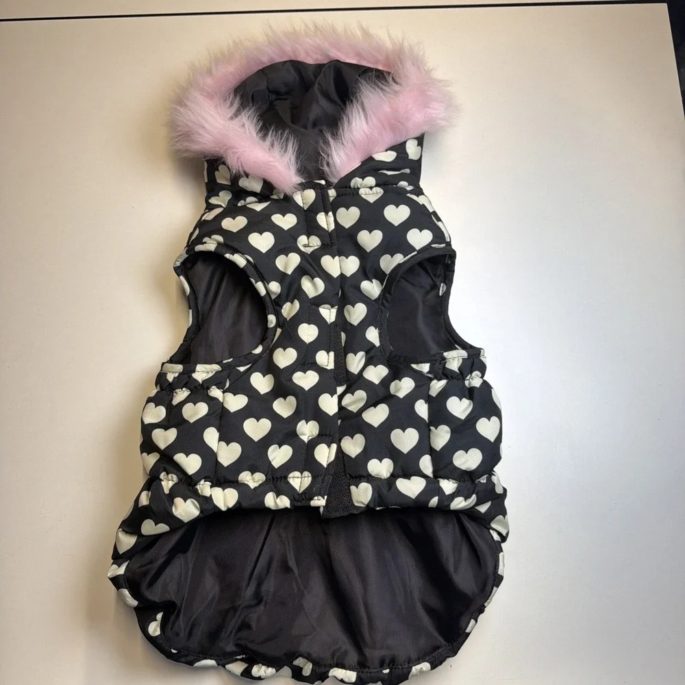 Dog Puffer Hoodie Jacket Winter Coat Outdoor Black White Hearts Pink Trim Bow Sm